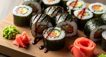Homemade Sushi Rolls with Salmon, Avocado, and Cucumber