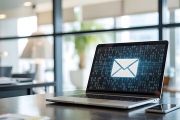 Modern laptop displaying a glowing digital envelope icon symbolizing email communication and digital messaging on a blurred office background with glass partitions and natural light