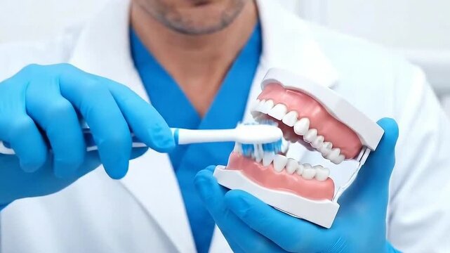 Dentist Demonstrating Brushing Technique on Tooth Model with Blue Gloves and White Coat in Dental Office Setting