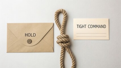 Creative Concept of Holding Command Illustrated with Envelope, Rope Knot, and Card with Text Tight Command