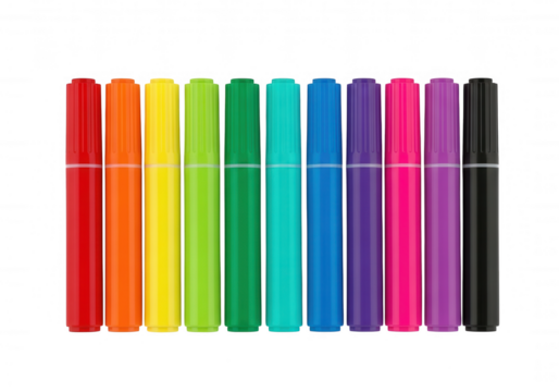 Colorful markers arranged in a row isolated on a transparent background