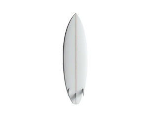 Overhead view of a white surfboard with two fins, set against a black background