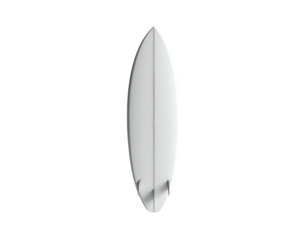 Overhead view of a white surfboard with two fins, set against a black background