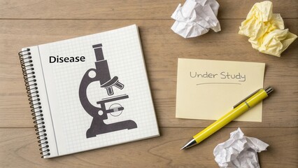 Microscope Illustration on Notebook Page with Crumpled Papers and Yellow Pen in Laboratory Setting for Disease Research