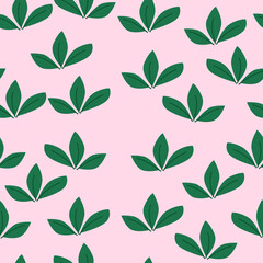 Seamless Pink Background with Repeating Green Leaf Clusters Pattern