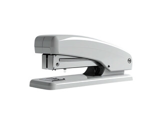 A white stapler in a three-quarter view, isolated on a black background
