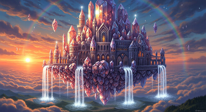 Fantasy illustration of a floating crystal castle with waterfalls, set against a colorful sunset sky with clouds and a rainbow