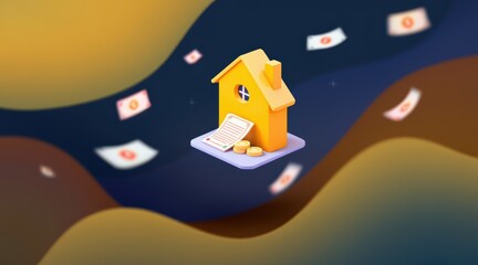 first time homebuyer loan house concept. Digital illustration of a house with money and financial elements.
