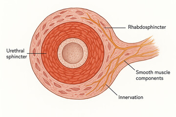 Anatomical illustration of the urethral sphincter and surrounding structures, showing innervation and smooth muscle components.