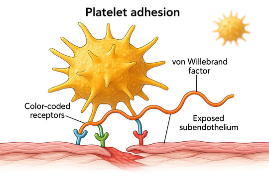 Illustration of platelet adhesion to exposed subendothelium via von Willebrand factor and receptors.