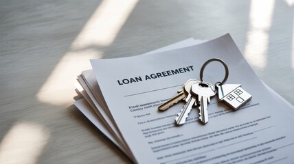 first time homebuyer loan house concept. Loan agreement documents with keys and house keychain on a table.