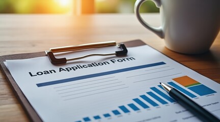 first time homebuyer loan house concept. Loan application form on a clipboard with a coffee cup nearby.