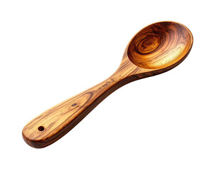 Wooden cooking spoon with a dark grain and hole in handle, isolated on black