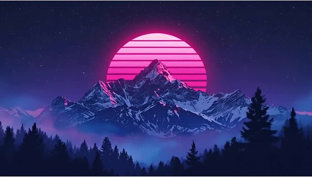 Retro 80s Synthwave Landscape with Neon Sun and Mountains