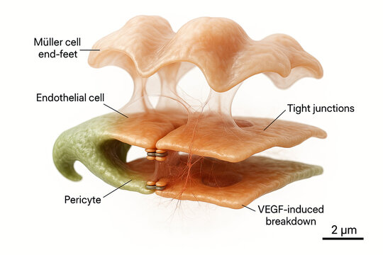 3D illustration of the blood-retinal barrier with endothelial cells, pericytes, tight junctions, M&uuml;ller cell end-feet, and VEGF-induced breakdown.