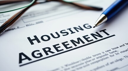 first time homebuyer loan house concept. Housing agreement document with a pen and glasses nearby.