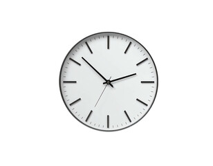 Simple, modern clock with a white face and black hands, against a dark background