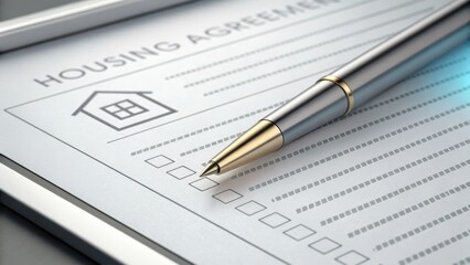 first time homebuyer loan house concept. Housing agreement document with a pen on a table.