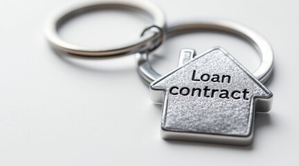 first time homebuyer loan house concept. Keychain with house-shaped loan contract tag.