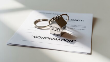first time homebuyer loan house concept. Home keychain on a property confirmation document with soft lighting.