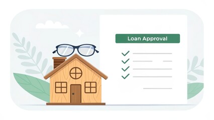 first time homebuyer loan house concept. Illustration of a house with loan approval document and glasses.