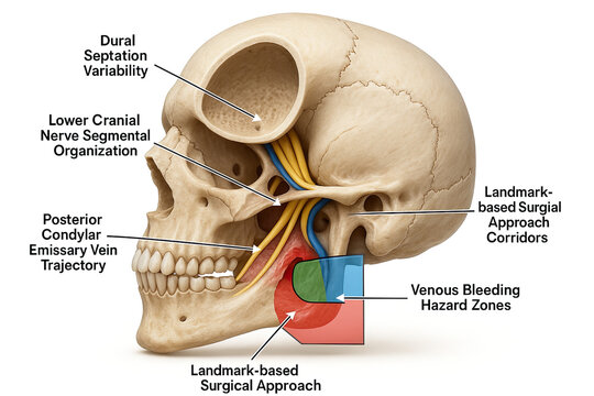 Anatomical illustration of the human skull showcasing dural septation variability, lower cranial nerve segmental organization, posterior condylar emissary vein trajectory, landmark-based surgical appr