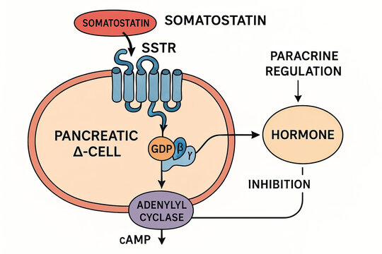 Diagram illustrating the inhibitory effect of somatostatin on a pancreatic delta cell, showcasing the SSTR receptor, GDP, adenyl cyclase, cAMP, and hormone release.