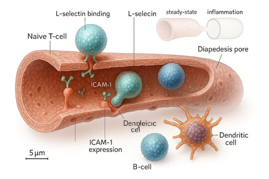 Illustration of Immune Cells Migrating Out of Blood Vessel