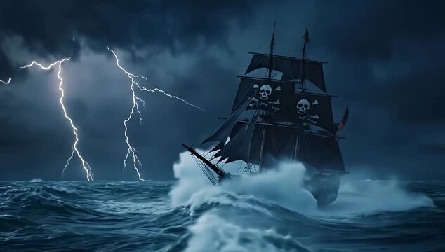 Epic Pirate Ship with Skull Flags Navigating a Dramatic Lightning Storm on the Ocean