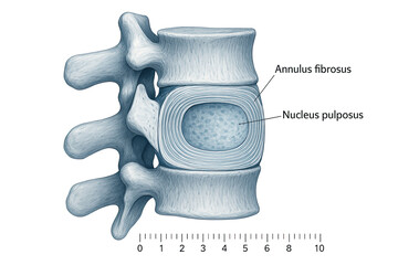 Anatomical illustration of a lumbar vertebra cross-section showing the annulus fibrosus and nucleus pulposus, with a scale bar.