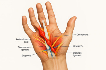 Anatomical illustration of Dupuytren's contracture affecting the hand, showing tendons, ligaments, and affected fascia.