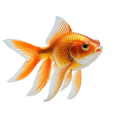 Close-up view of a vibrant orange and white goldfish. Transparent background