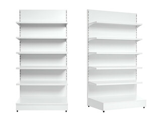 Two adjacent, blank white shelves suitable for product display. Side view presents a perspective