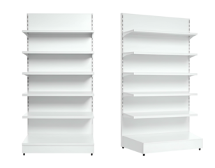 Two adjacent, blank white shelves suitable for product display. Side view presents a perspective