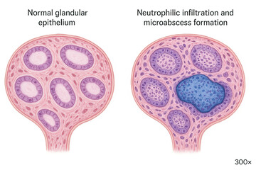 Microscopic comparison of normal glandular epithelium and tissue with neutrophilic infiltration and microabscess formation, illustrating cellular changes in response to infection or inflammation.