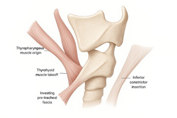 Anatomical illustration of human larynx and surrounding muscles, showing the thyropharyngeus muscle origin, thyrohyoid muscle takeoff, investing pre-tracheal fascia, and inferior constrictor insertion