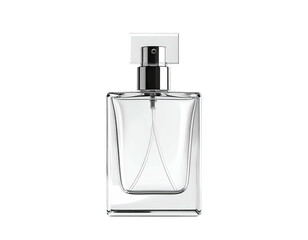 A clear glass rectangular fragrance bottle with a silver pump and white cap