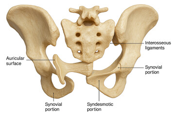 Anatomical illustration of the human pelvis, showcasing bones, ligaments, and joint surfaces.