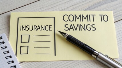 Document for insurance savings commitment with pen on wood background offering financial tips for future planning