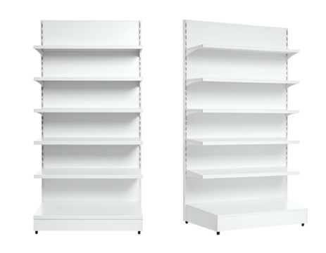 Two adjacent, blank white shelves suitable for product display. Side view presents a perspective