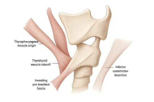 Anatomical illustration of human larynx and surrounding muscles, showing the thyropharyngeus muscle origin, thyrohyoid muscle takeoff, investing pre-tracheal fascia, and inferior constrictor insertion