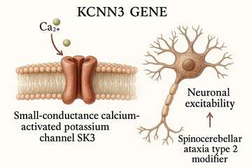 Diagram illustrating the KCNN3 gene's role in neuronal excitability and spinocerebellar ataxia type 2.