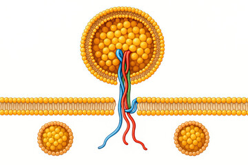 Detailed 3D illustration depicting a liposome interacting with a cell membrane, with multiple liposomes and protein strands shown.
