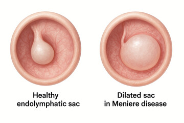 Medical illustration comparing a healthy endolymphatic sac to a dilated sac in Meniere's disease.