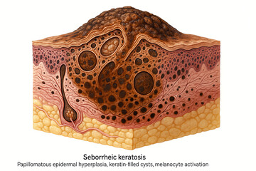 Detailed 3D cross-section of Seborrheic Keratosis, illustrating epidermal hyperplasia and keratin-filled cysts