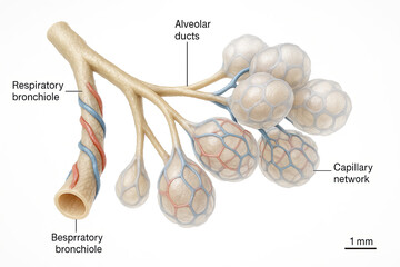 Anatomical illustration of respiratory bronchiole, alveolar ducts, alveoli, and capillary network
