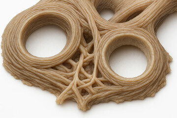 Abstract 3D rendering of intertwined fibrous strands forming organic shapes with circular voids, resembling root systems or neural networks.