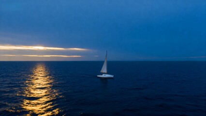 Obraz premium Sailboat at Sunset: Serene Ocean Landscape with Golden Reflection and Blue Sky