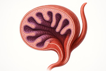 Detailed illustration of the glomerulus within a nephron, showcasing its complex structure of capillaries and tubules, rendered with vibrant red and purple hues on a clean white background.