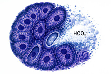 Microscopic view of cells releasing bicarbonate ions, scientific illustration.